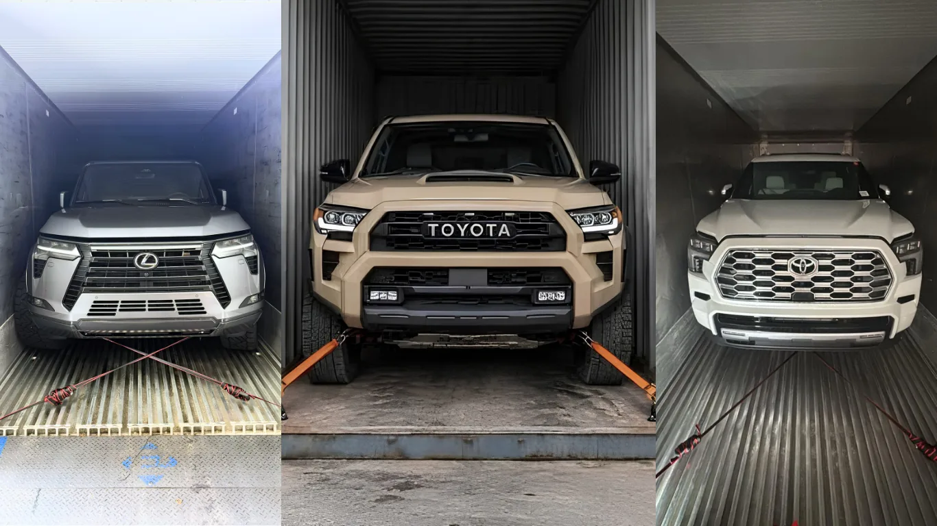 Tres SUV, entre ellas una Lexus y una Toyota 4Runner, aseguradas dentro de contenedores, listas para embarque